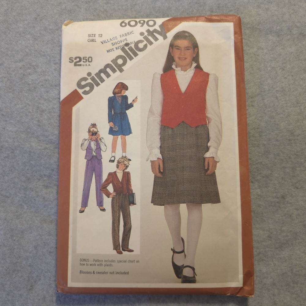 Simplicity 6090 Girls Vest Skirt Pants Jumper Pattern Sz 12 Vintage 80s Uncut